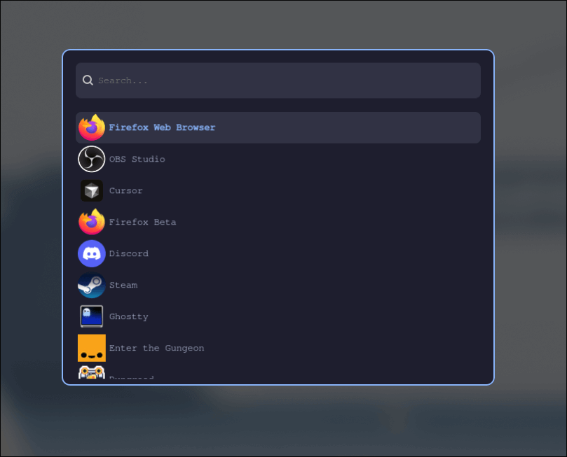 wofi로 애플리케이션 목록이 보이는 화면